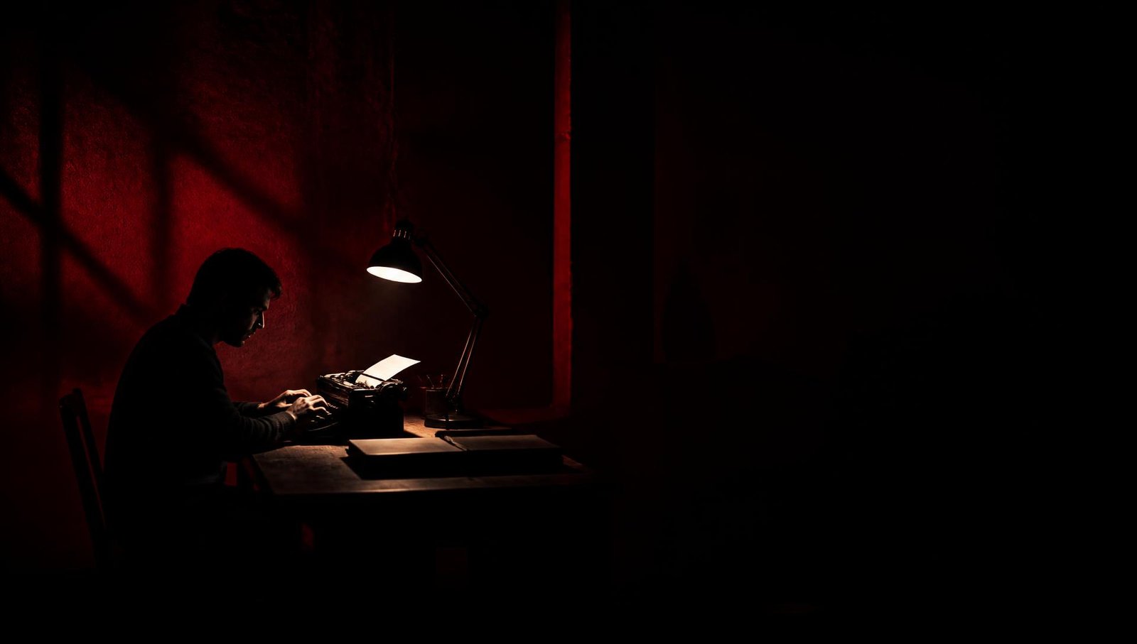 A writer working by lamplight in a dark room